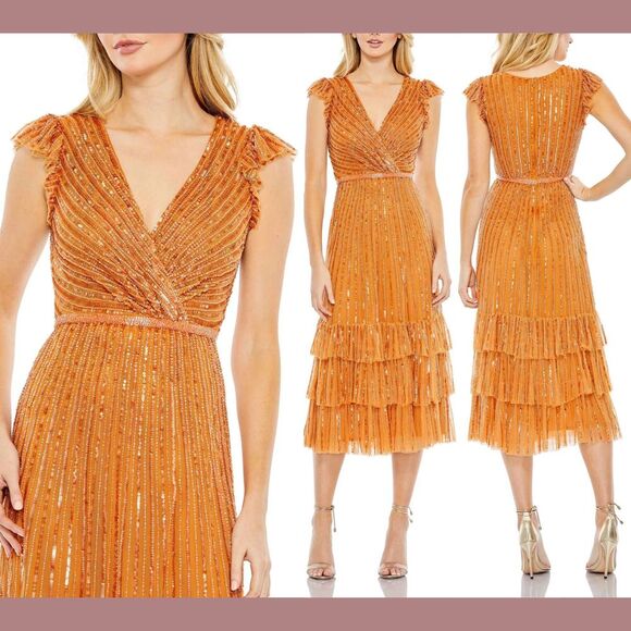 NWT $498 Mac Duggal [ 18 ] Sequined Wrap Over Cap Sleeve Ruffle‎ Hem Dress #S974 - Picture 1 of 14